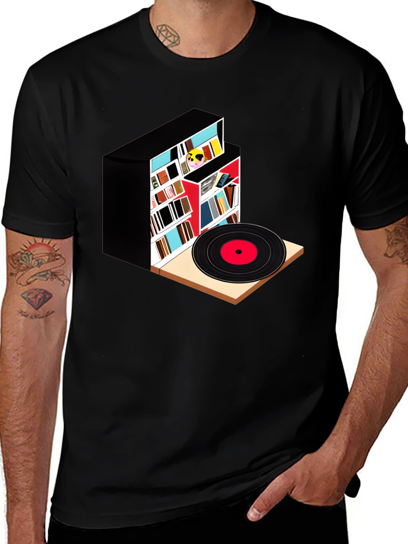 Bookcase and Vinyl Record T-Shirt