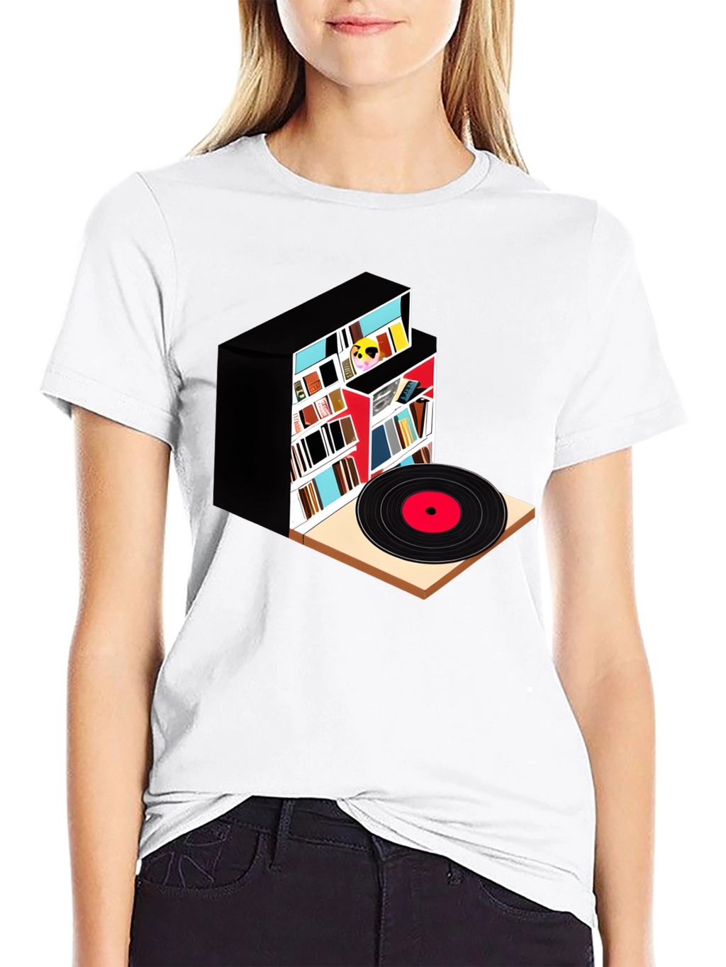 Bookcase and Vinyl Record T-Shirt