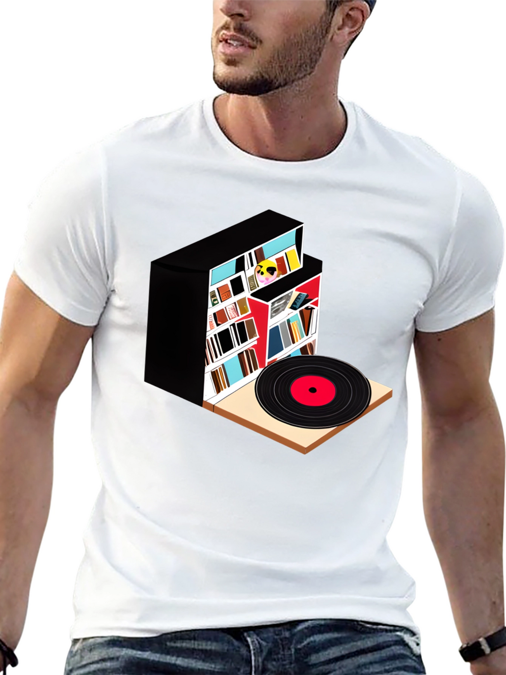 Bookcase and Vinyl Record T-Shirt