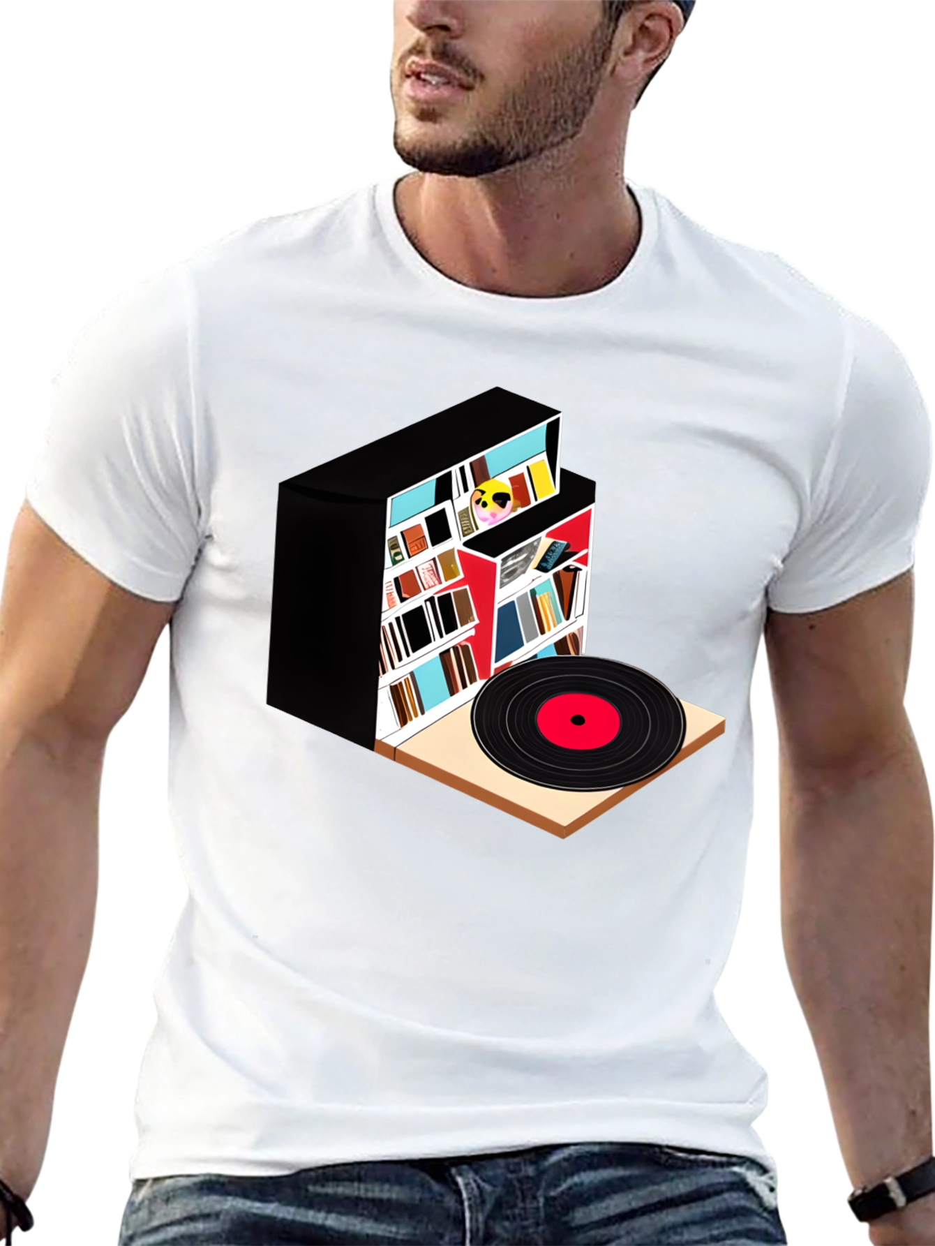 Bookcase and Vinyl Record T-Shirt