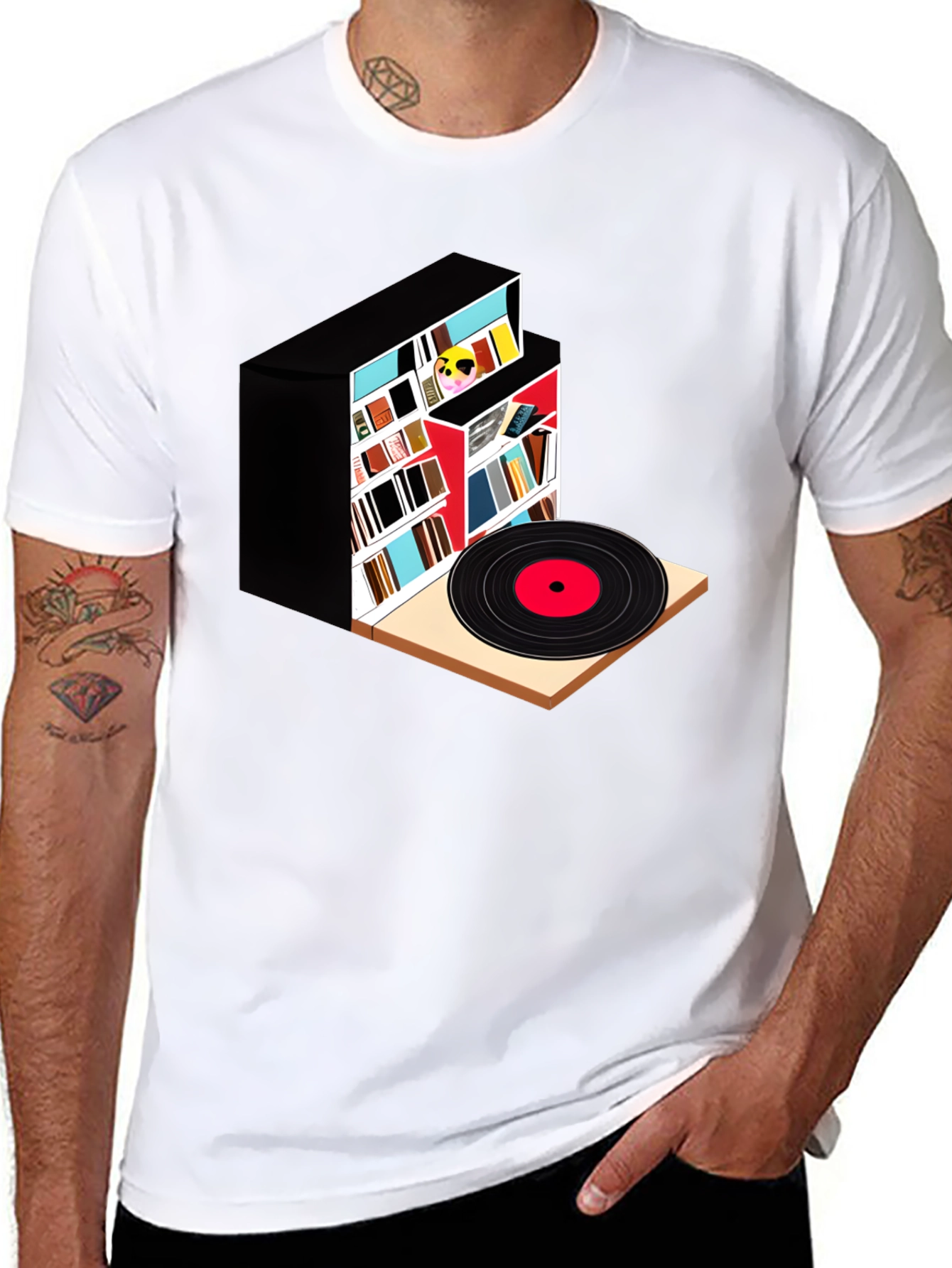 Bookcase and Vinyl Record T-Shirt