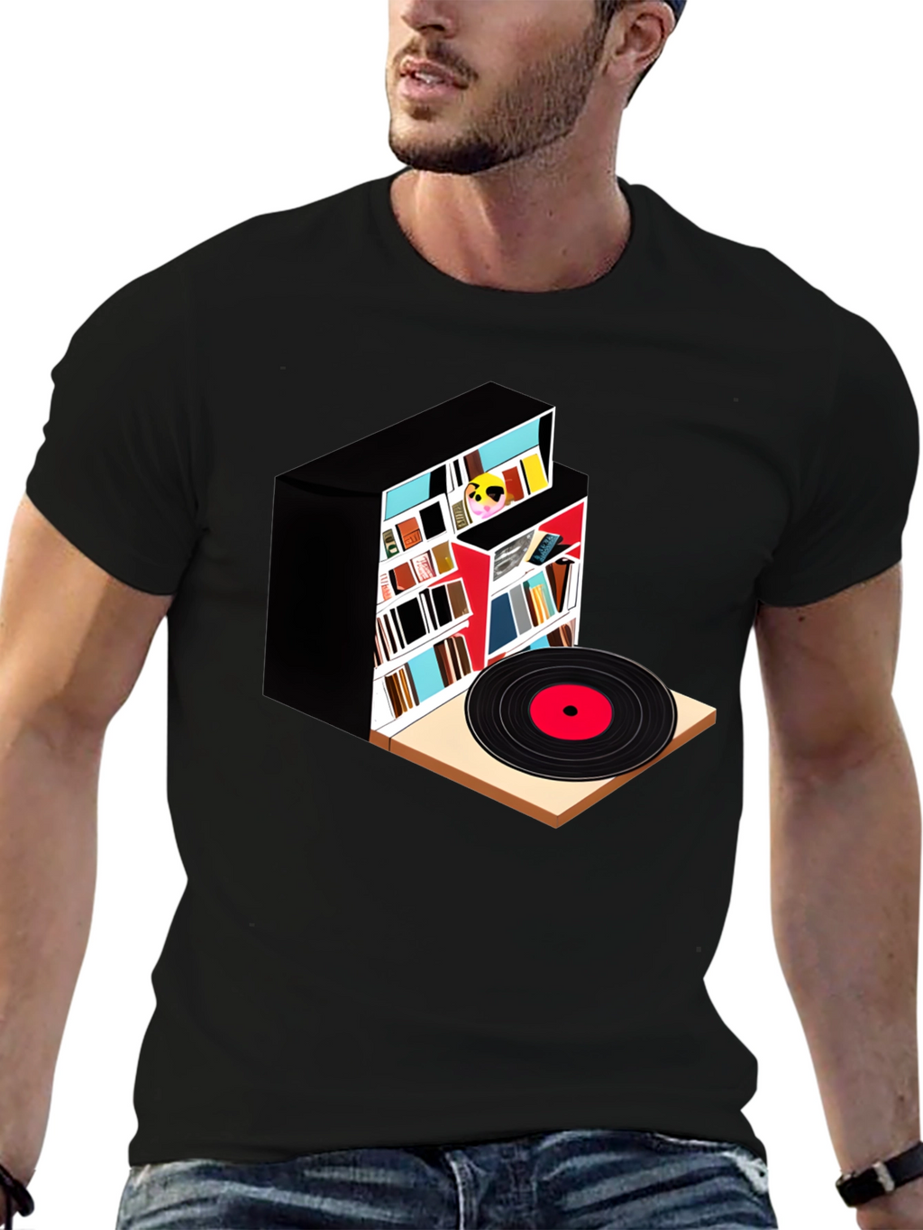 Bookcase and Vinyl Record T-Shirt