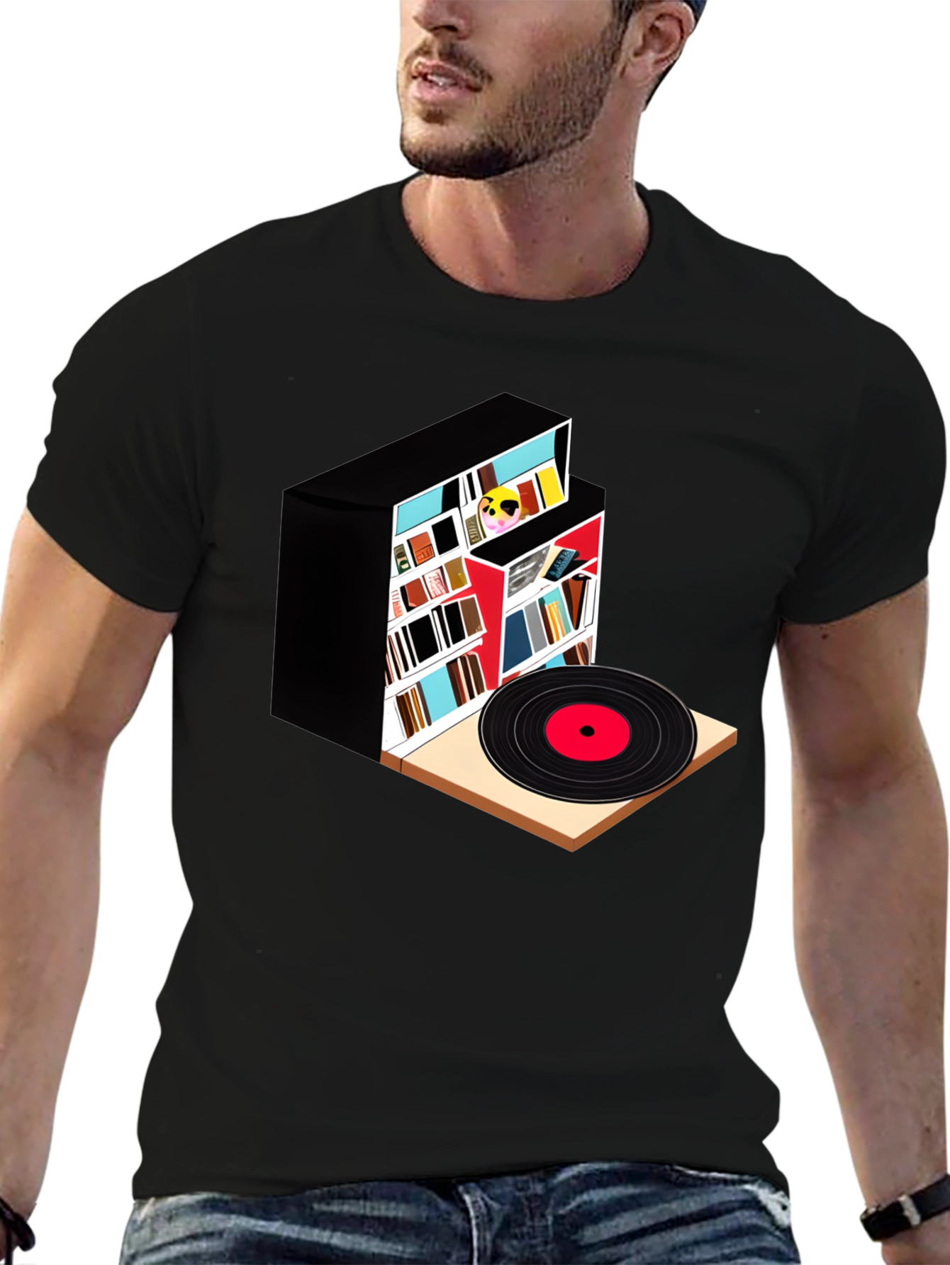 Bookcase and Vinyl Record T-Shirt