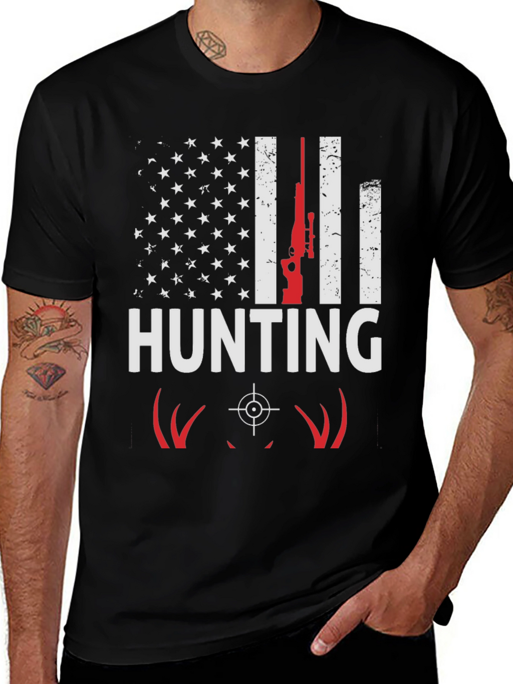 Hunting T-Shirt - American Flag Deer Rifle Design