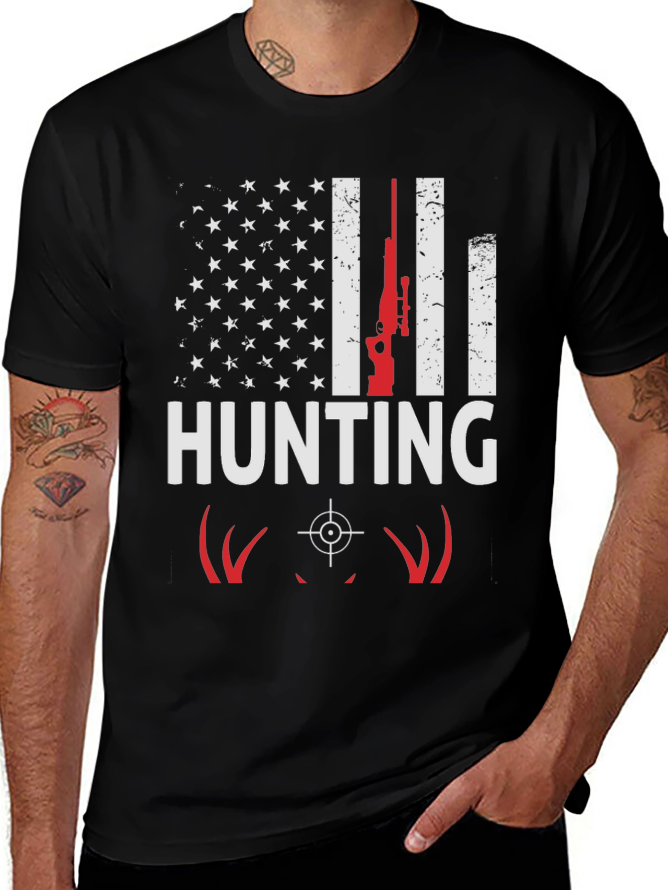 Hunting T-Shirt - American Flag Deer Rifle Design