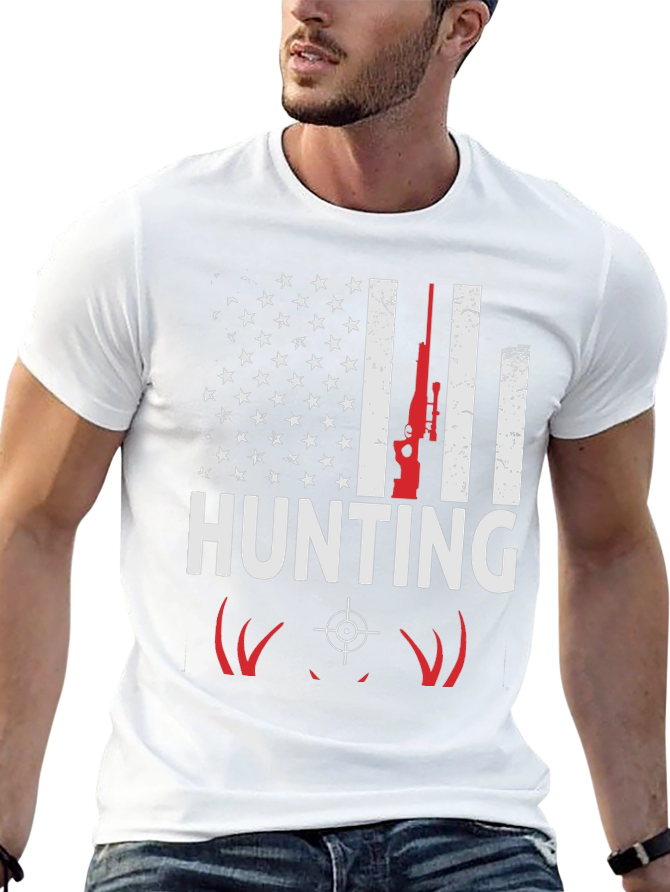 Hunting T-Shirt - American Flag Deer Rifle Design