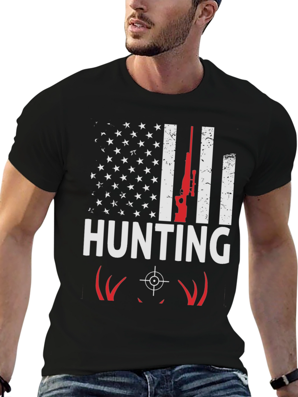 Hunting T-Shirt - American Flag Deer Rifle Design