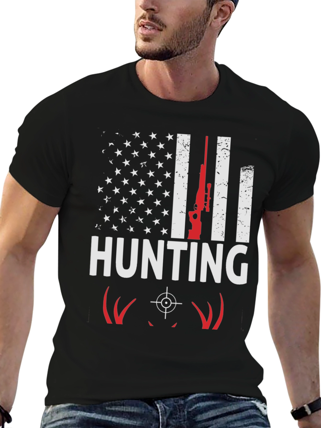Hunting T-Shirt - American Flag Deer Rifle Design