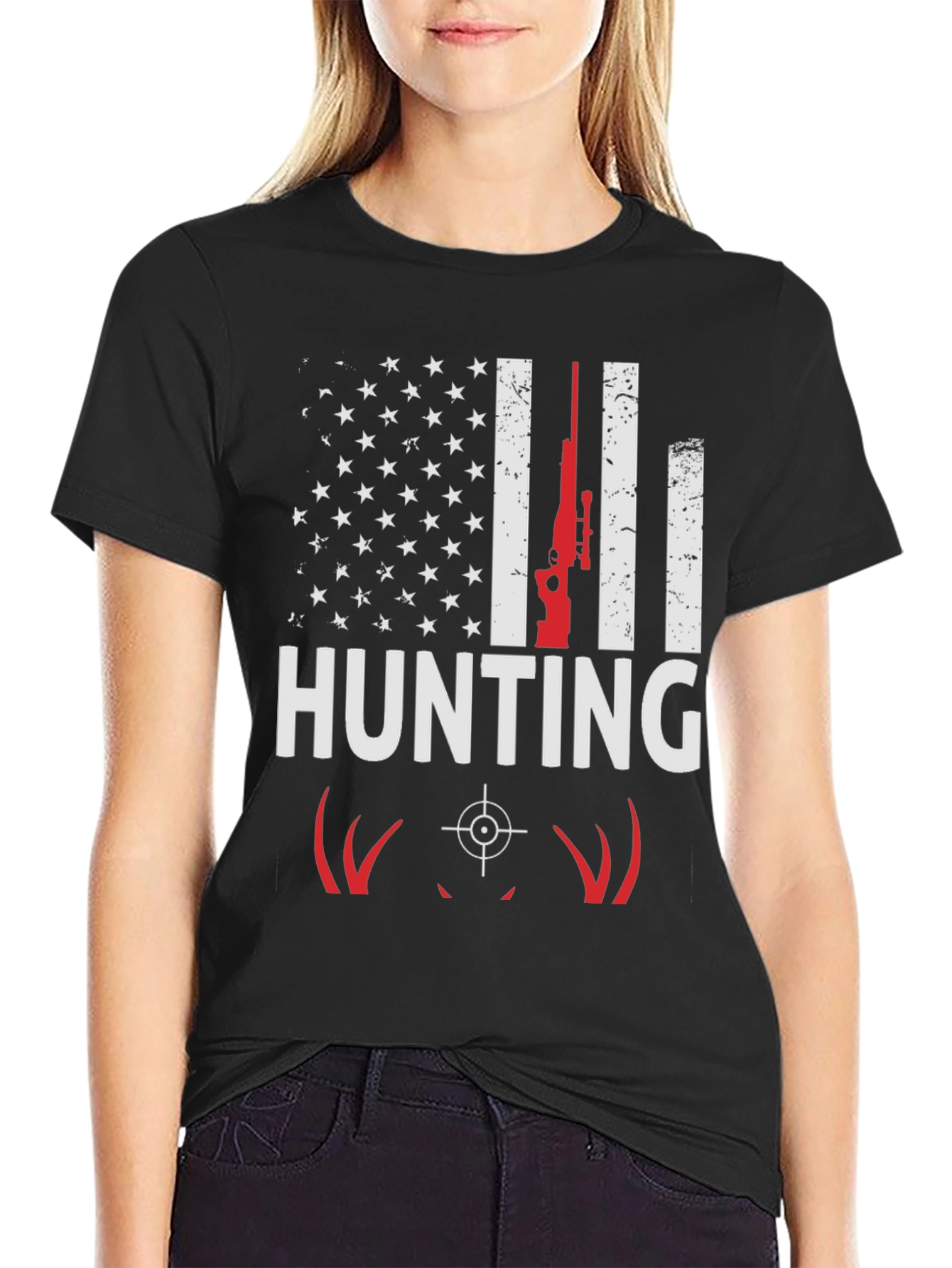 Hunting T-Shirt - American Flag Deer Rifle Design