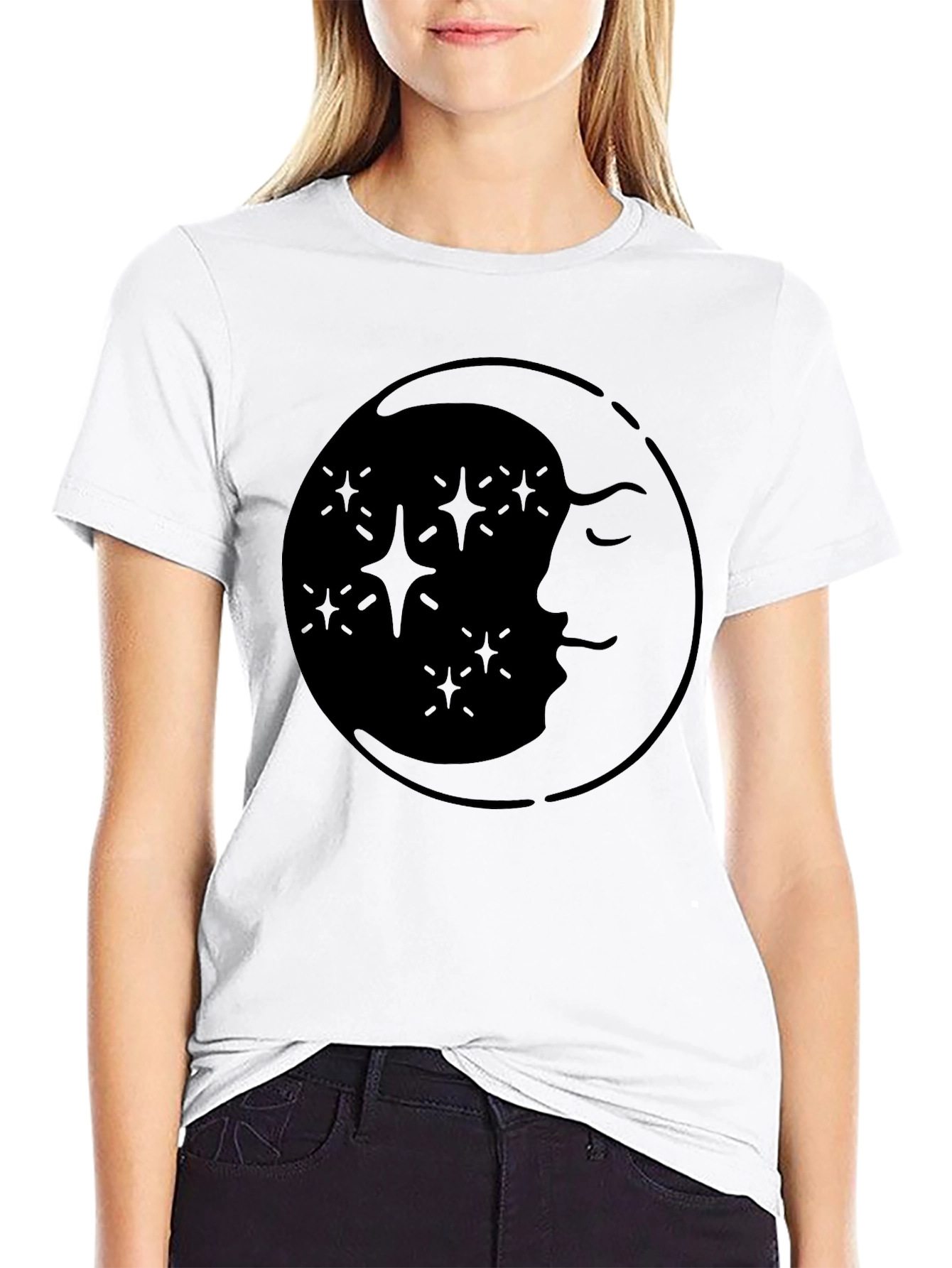 Celestial Moon & Stars Graphic Tee - Black