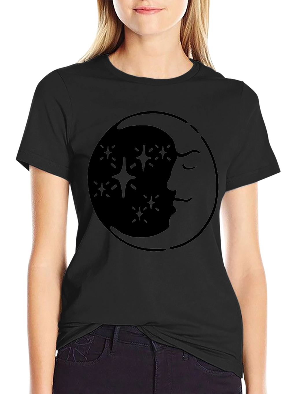 Celestial Moon & Stars Graphic Tee - Black