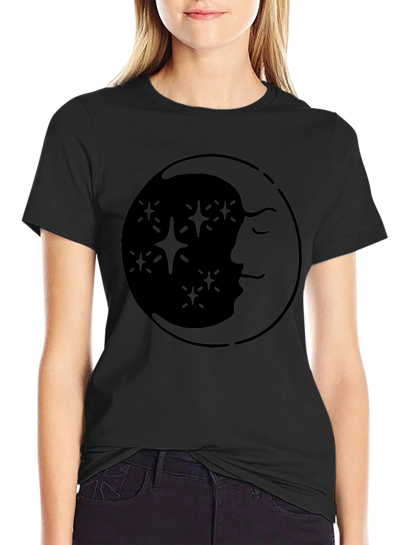 Celestial Moon & Stars Graphic Tee - Black