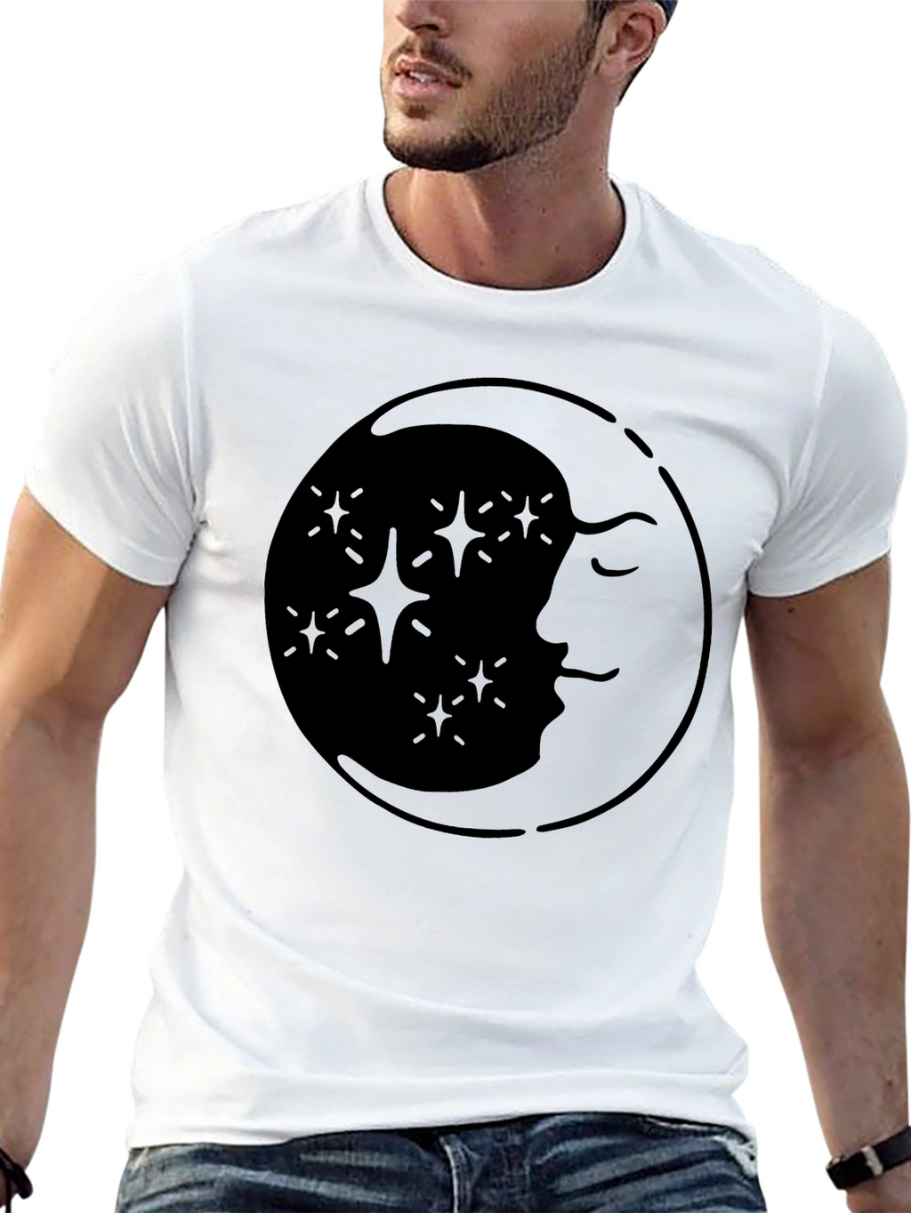Celestial Moon & Stars Graphic Tee - Black
