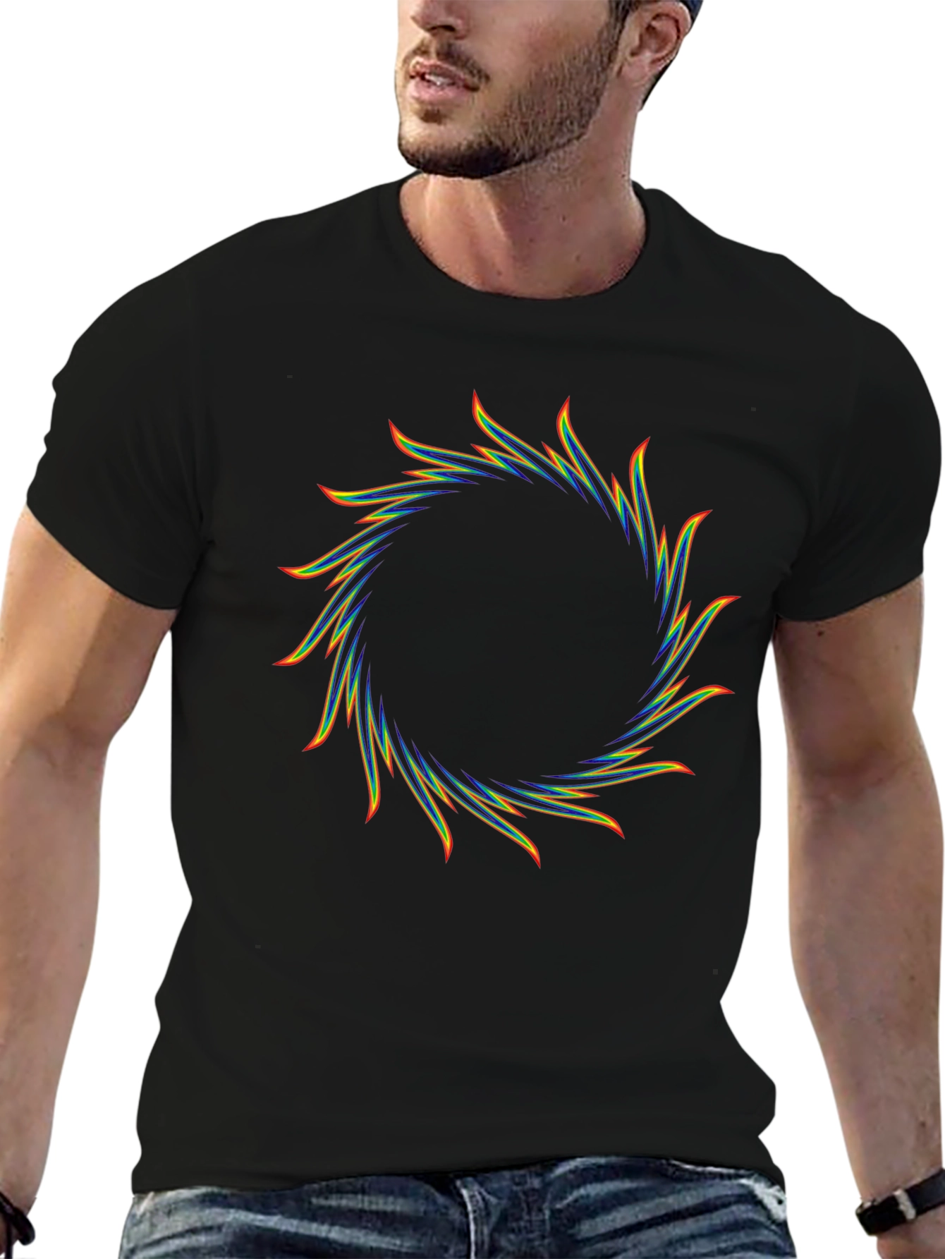 Rainbow Circular Flame Graphic Black T-Shirt