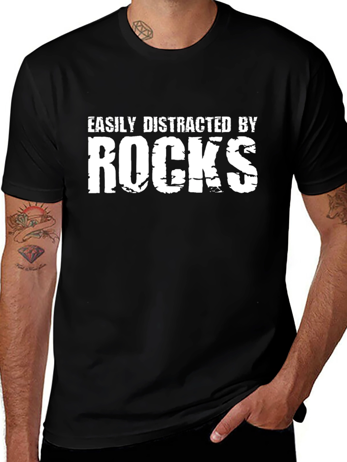 Easily Distracted By Rocks T-Shirt - Black Crew Neck