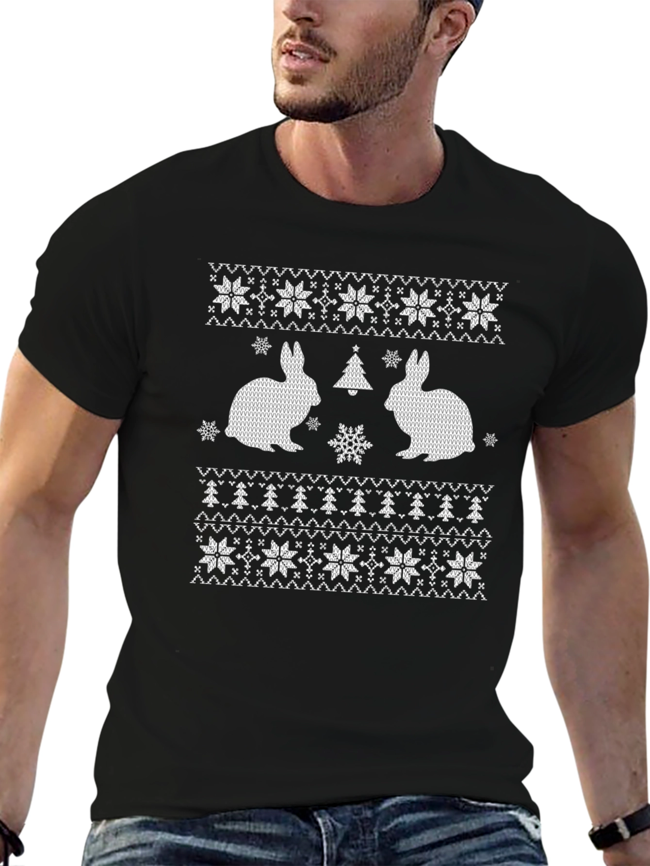 Rabbit Christmas Tree Snowflake Patterned T-Shirt