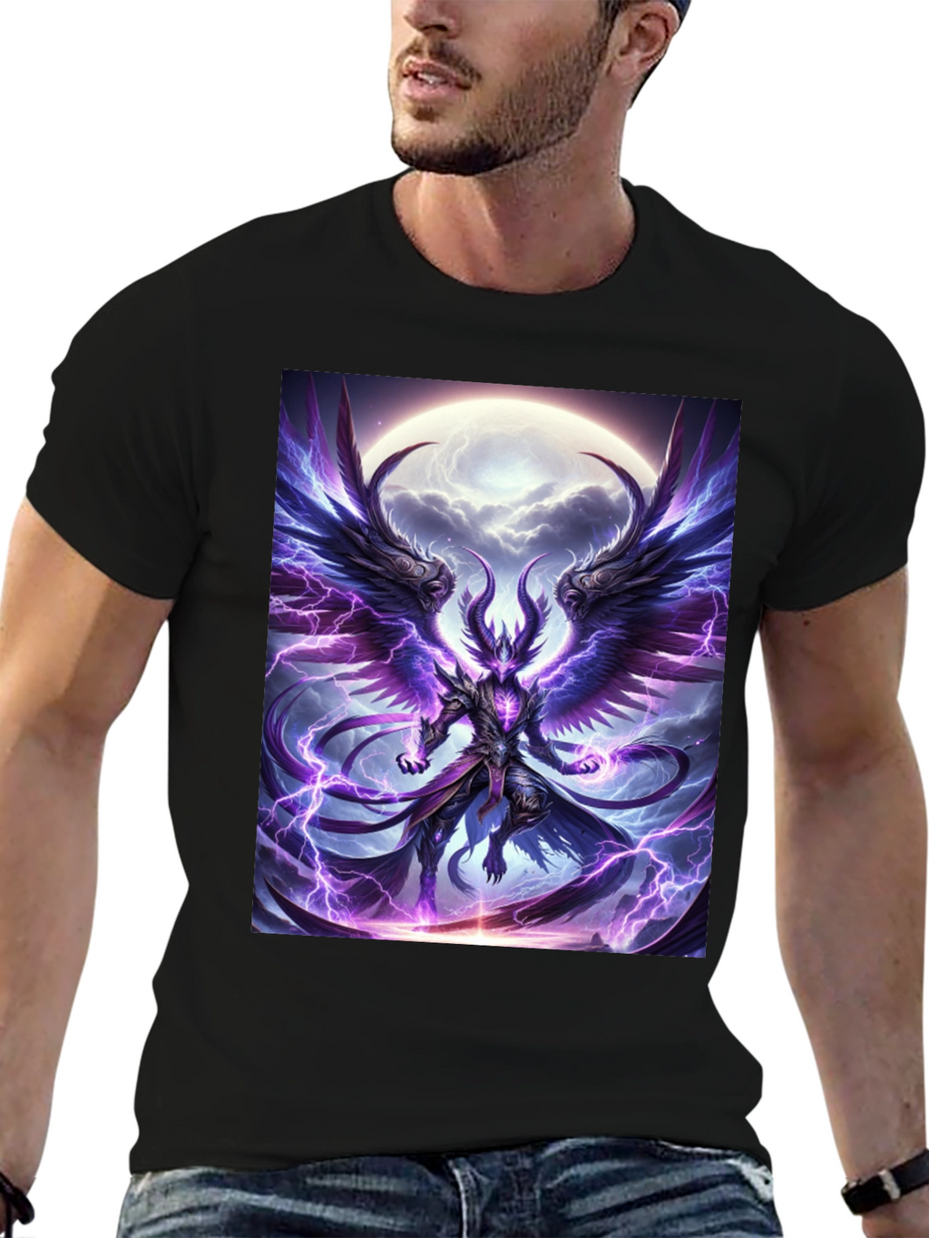 Winged Demon Lightning Graphic Tee - Dark Fantasy Shirt