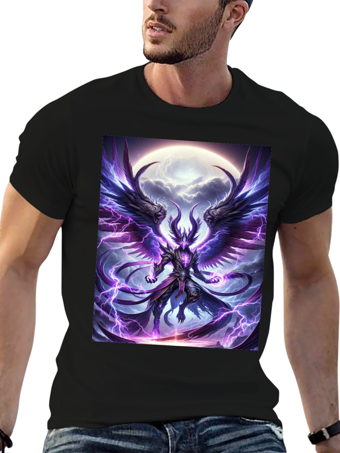 Winged Demon Lightning Graphic Tee - Dark Fantasy Shirt