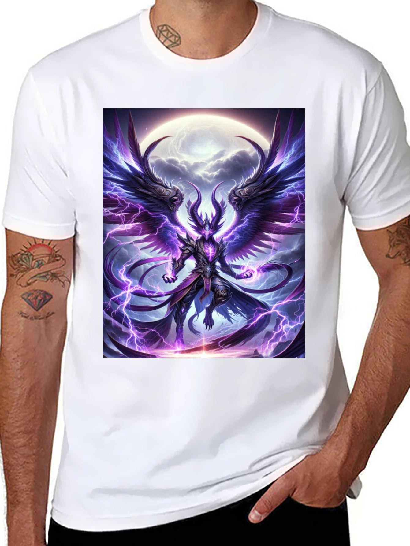 Winged Demon Lightning Graphic Tee - Dark Fantasy Shirt