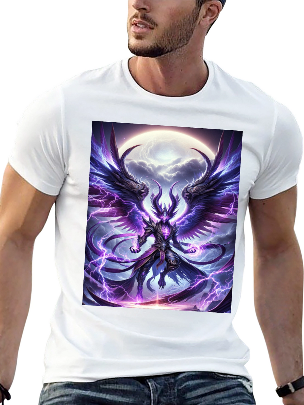 Winged Demon Lightning Graphic Tee - Dark Fantasy Shirt