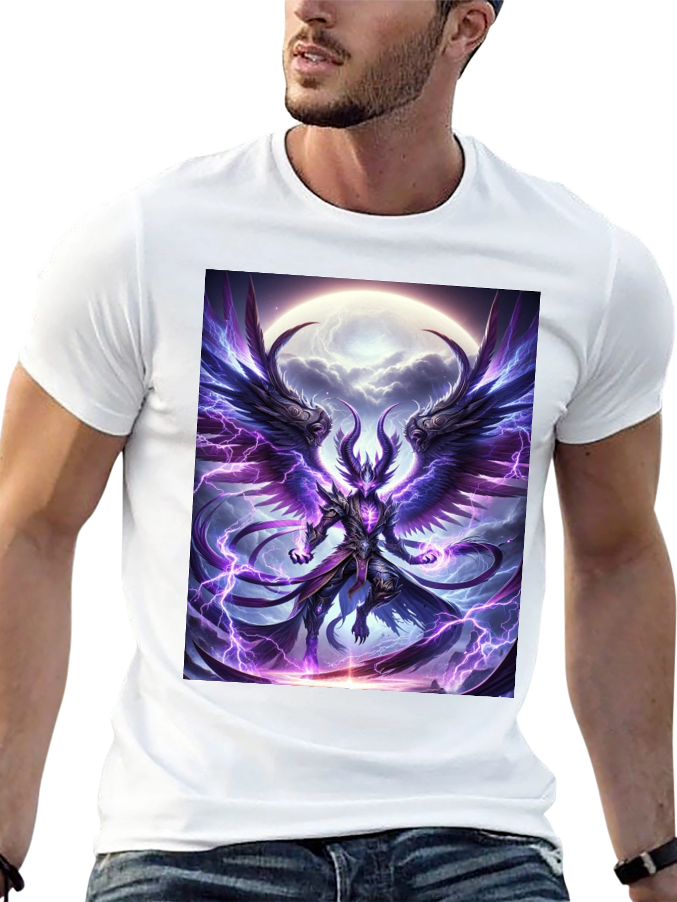 Winged Demon Lightning Graphic Tee - Dark Fantasy Shirt