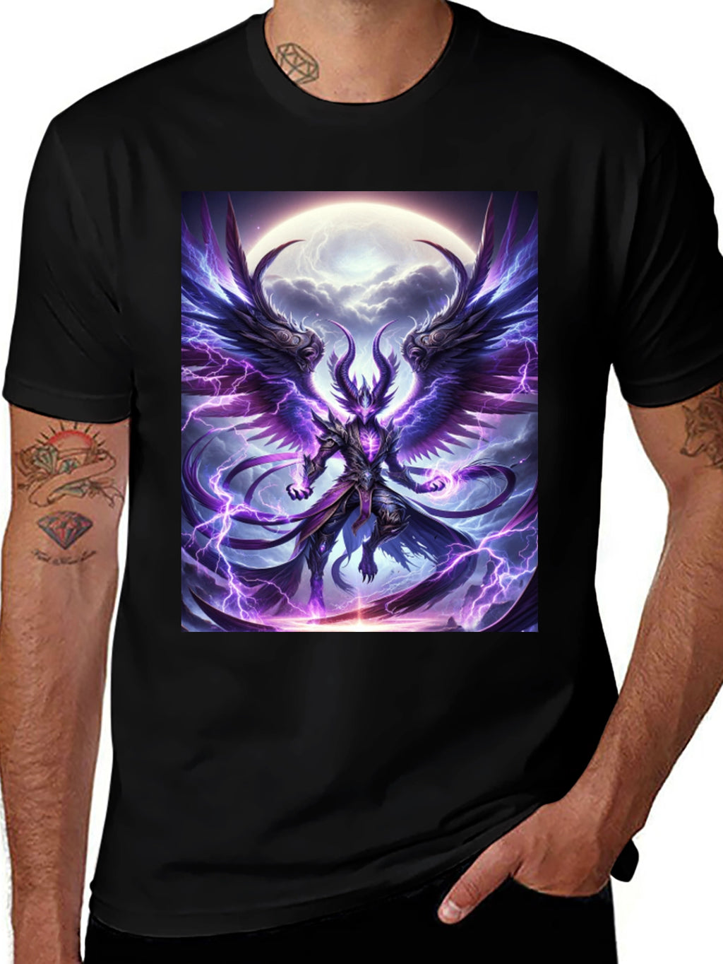 Winged Demon Lightning Graphic Tee - Dark Fantasy Shirt