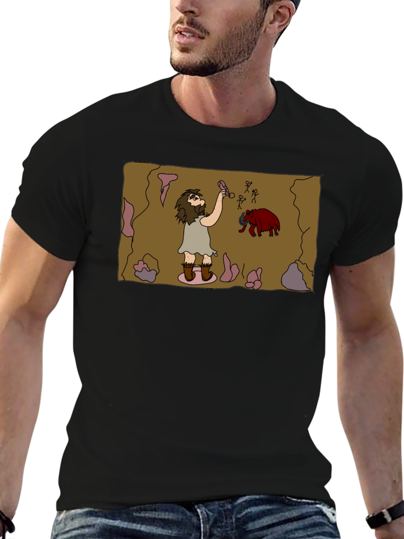 Caveman Art Black T-Shirt - Prehistoric Fun