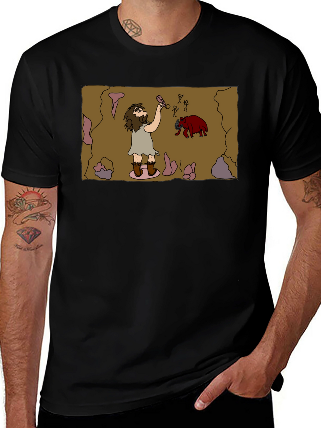 Caveman Art Black T-Shirt - Prehistoric Fun