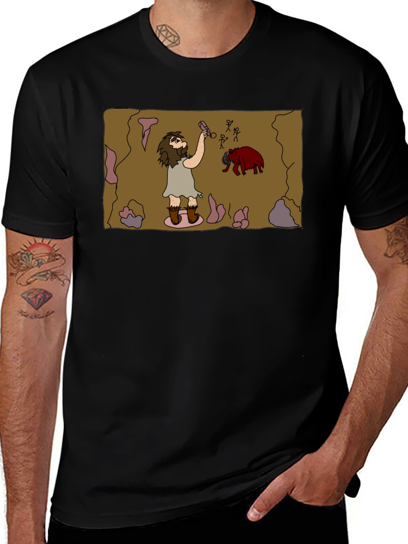 Caveman Art Black T-Shirt - Prehistoric Fun