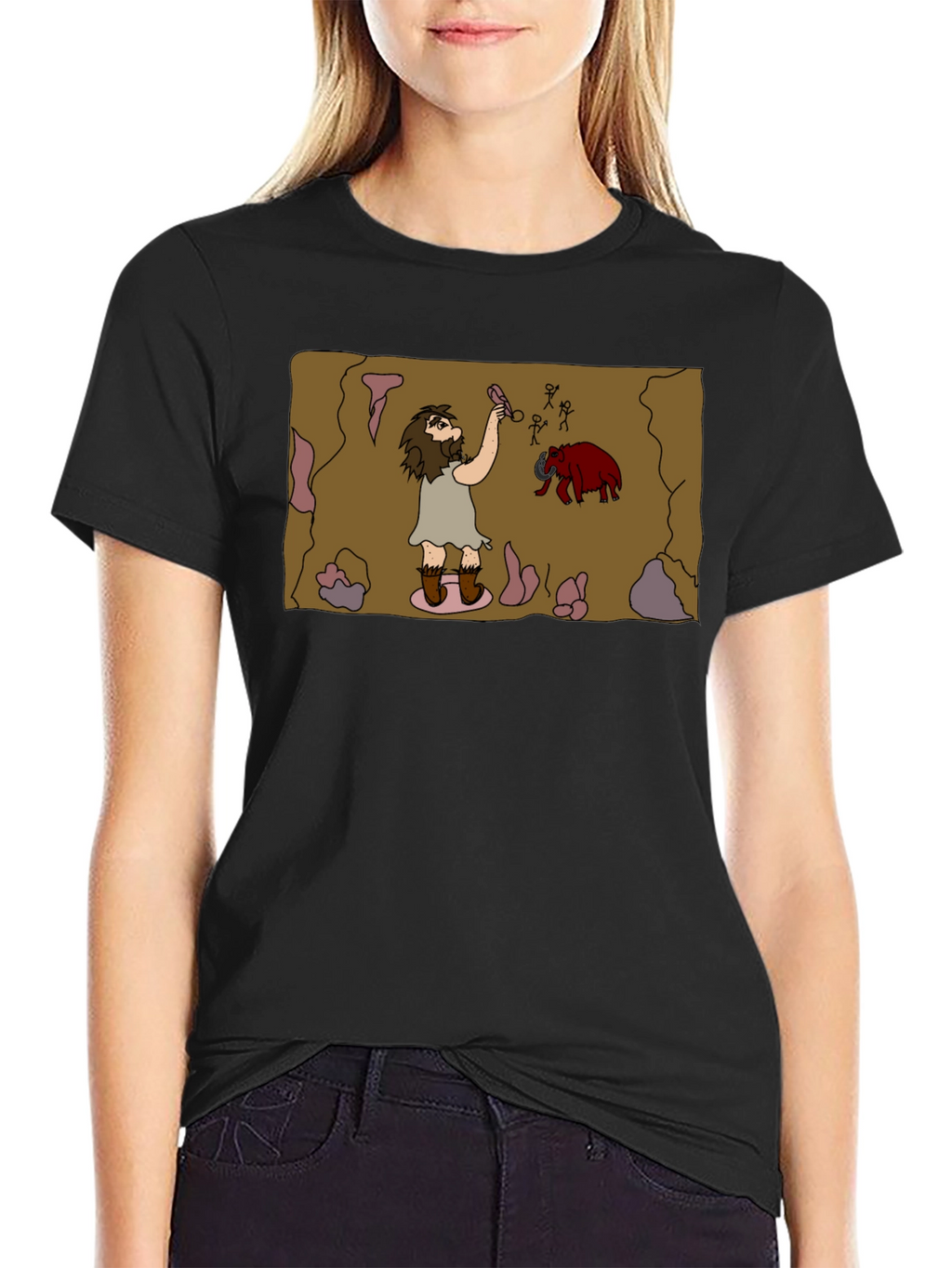 Caveman Art Black T-Shirt - Prehistoric Fun
