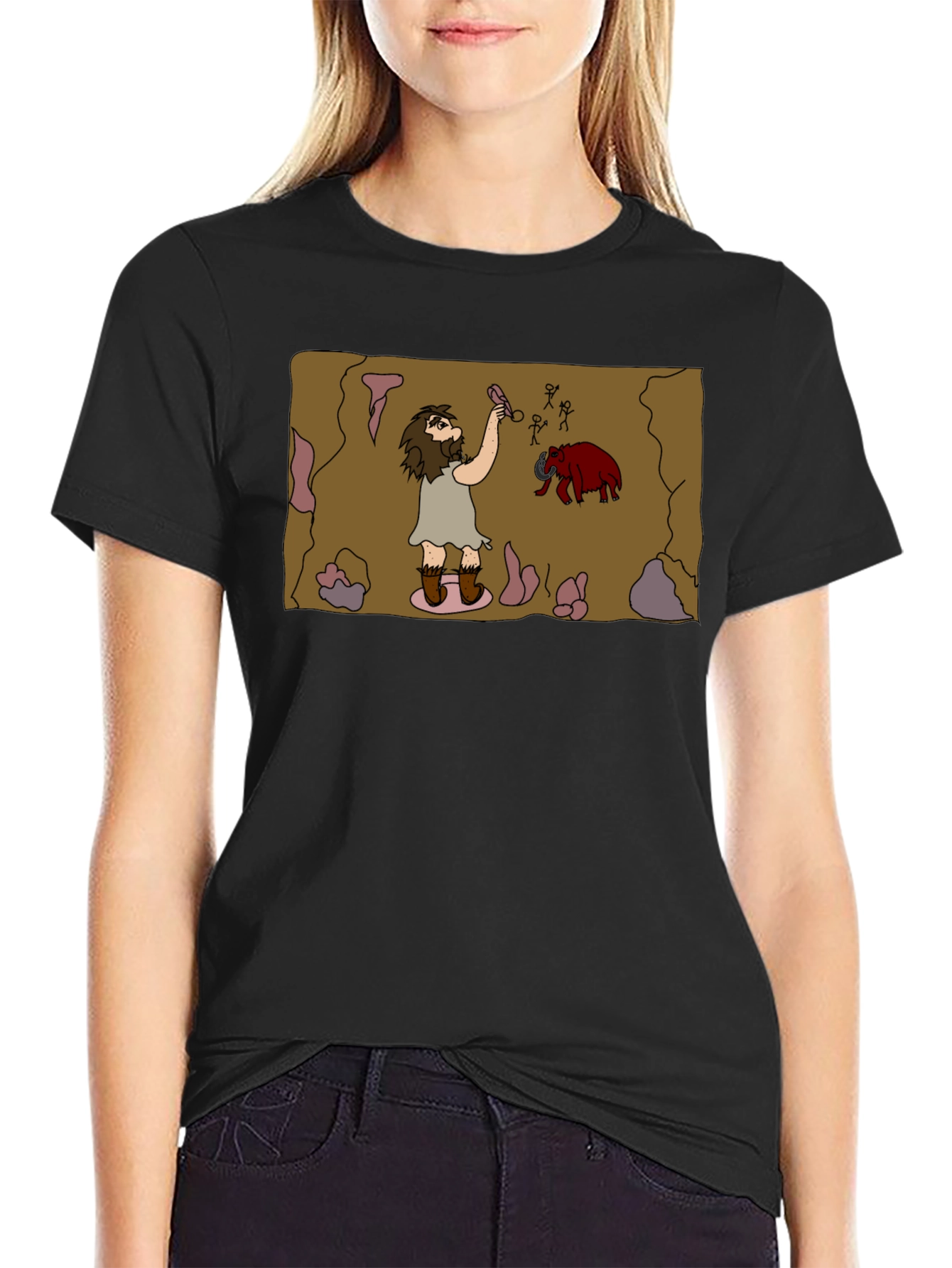 Caveman Art Black T-Shirt - Prehistoric Fun