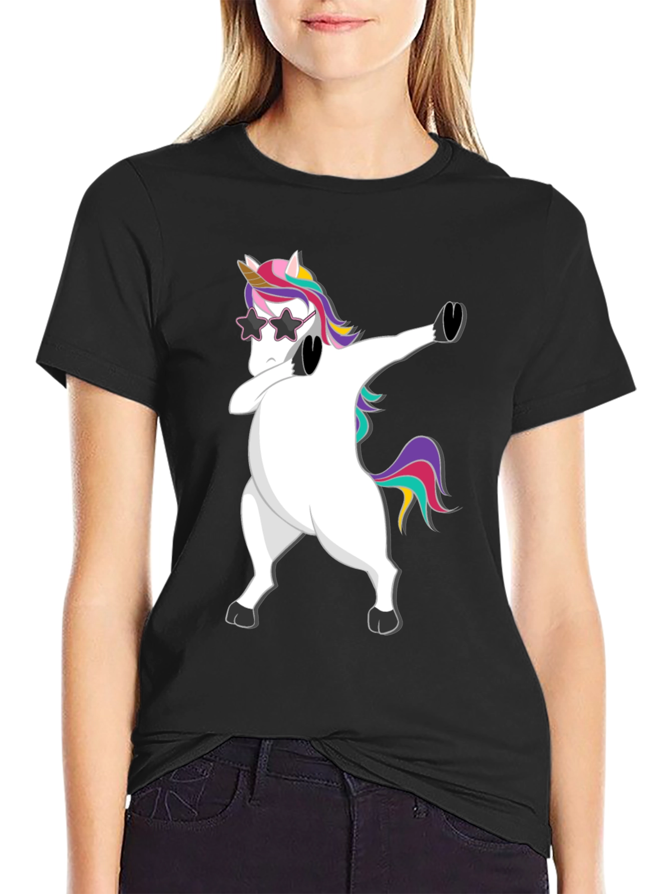 Dabbing Unicorn Graphic Tee - Trendy Black T-Shirt