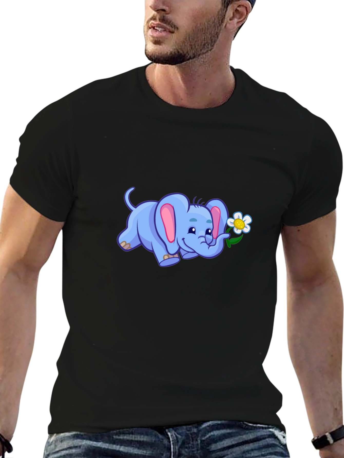 Cute Elephant Flower Graphic Black T-Shirt
