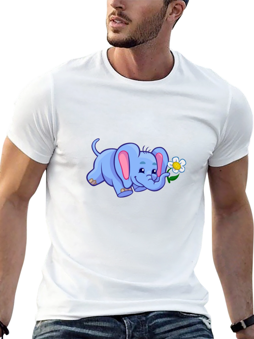 Cute Elephant Flower Graphic Black T-Shirt