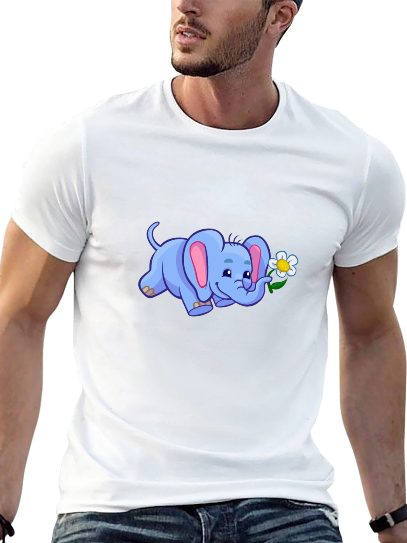 Cute Elephant Flower Graphic Black T-Shirt