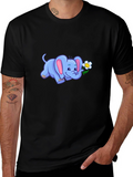 Cute Elephant Flower Graphic Black T-Shirt