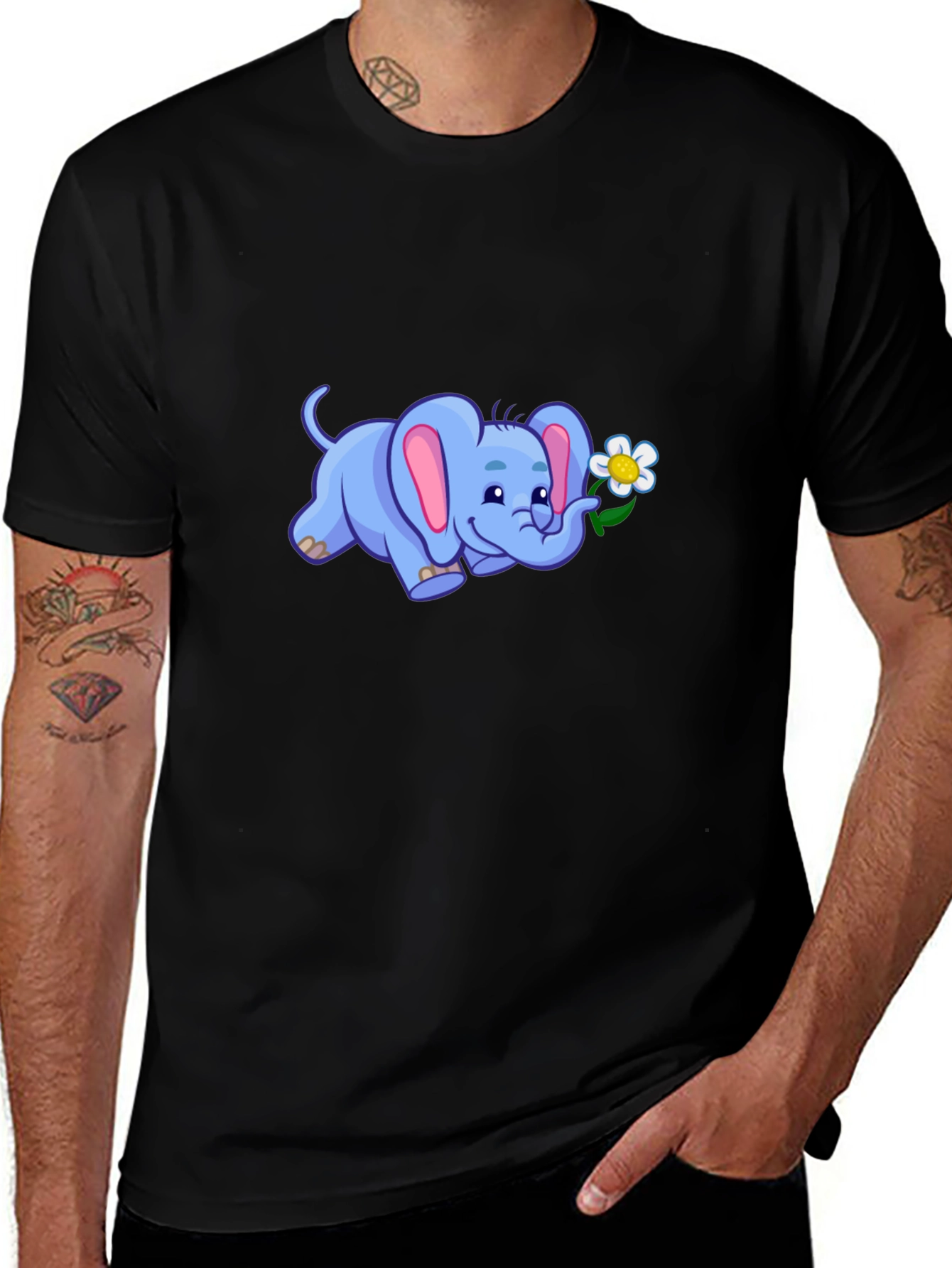 Cute Elephant Flower Graphic Black T-Shirt