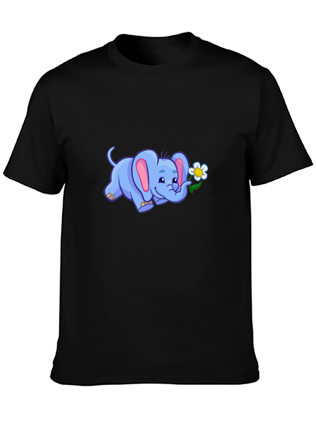 Cute Elephant Flower Graphic Black T-Shirt