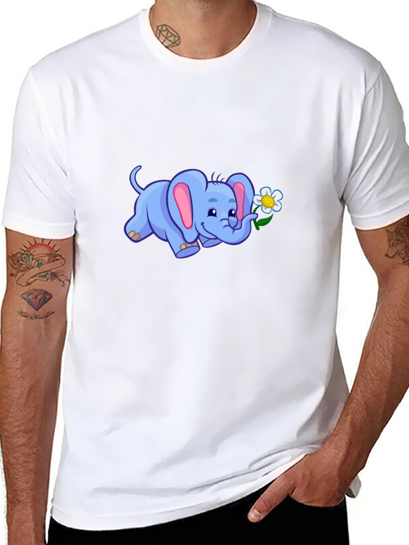 Cute Elephant Flower Graphic Black T-Shirt