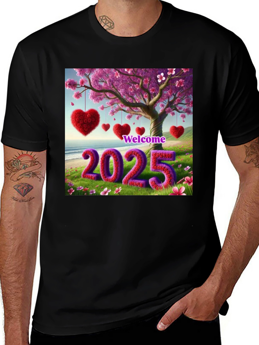 Welcome 2025 T-Shirt Heart & Blossom Design
