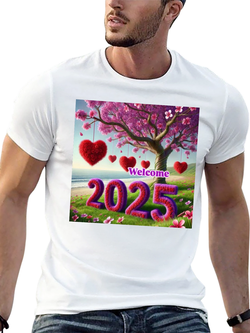 Welcome 2025 T-Shirt Heart & Blossom Design