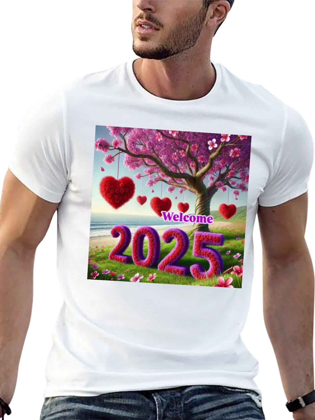 Welcome 2025 T-Shirt Heart & Blossom Design