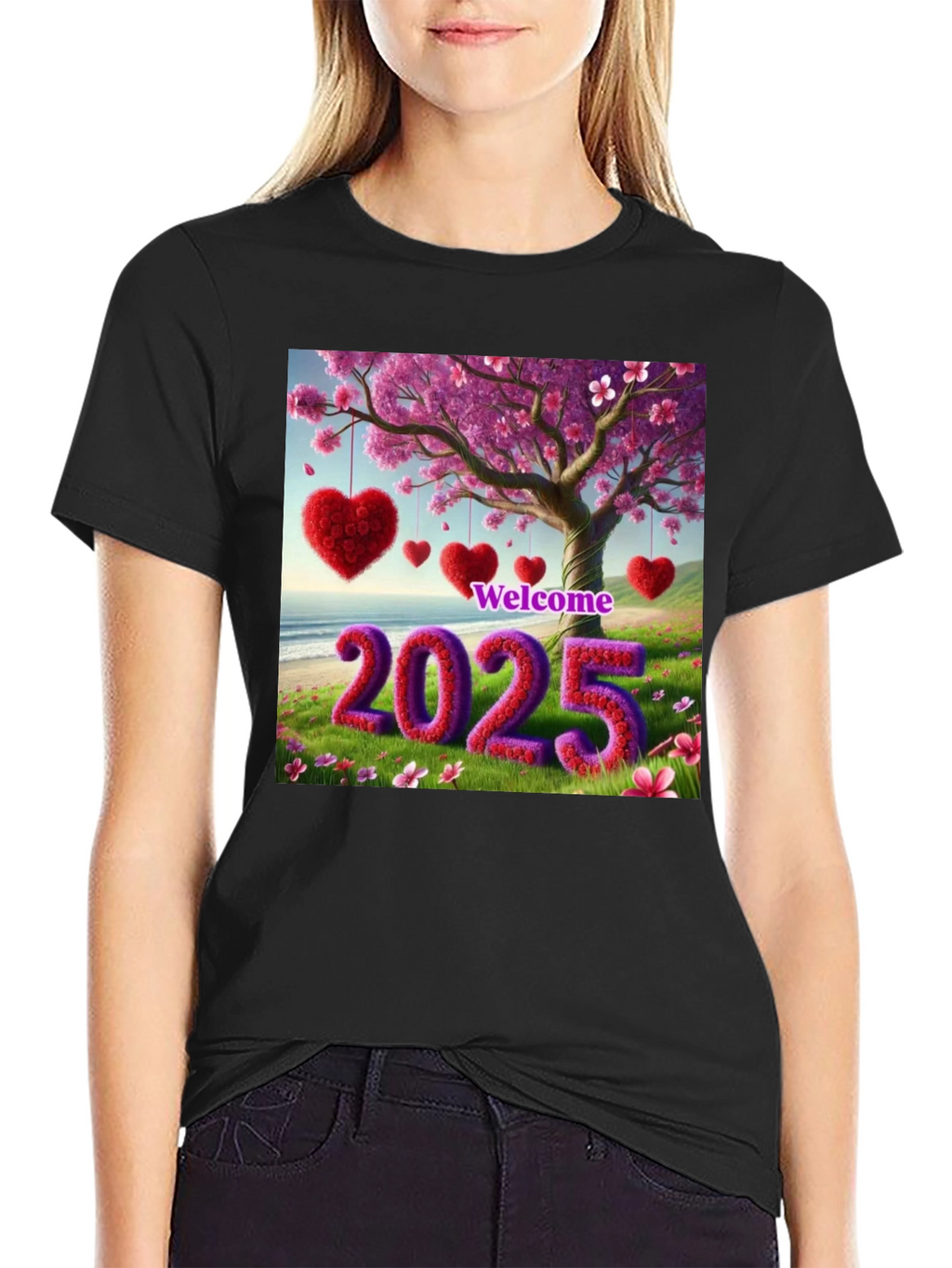 Welcome 2025 T-Shirt Heart & Blossom Design