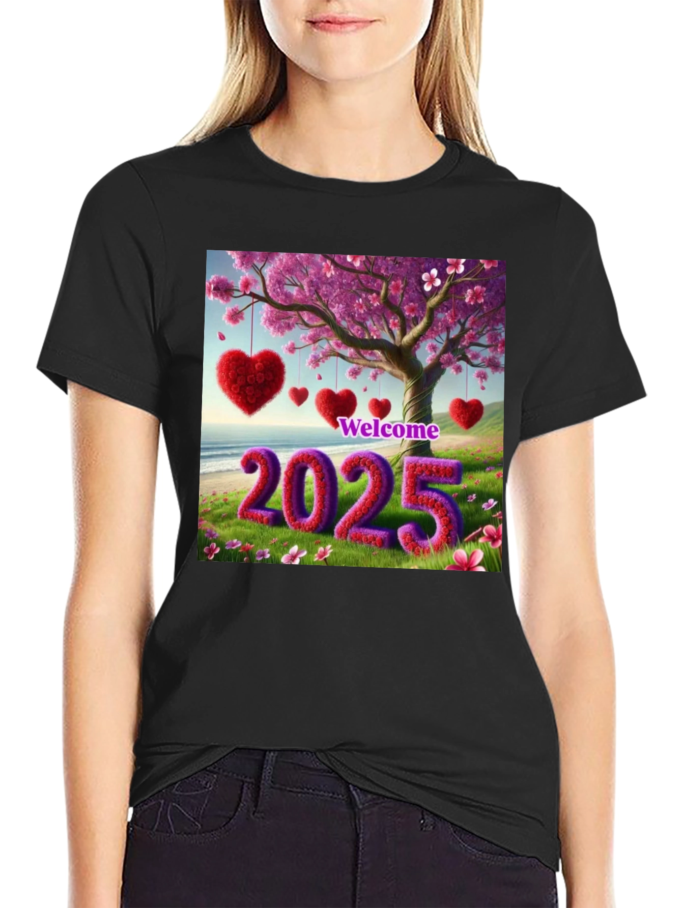 Welcome 2025 T-Shirt Heart & Blossom Design