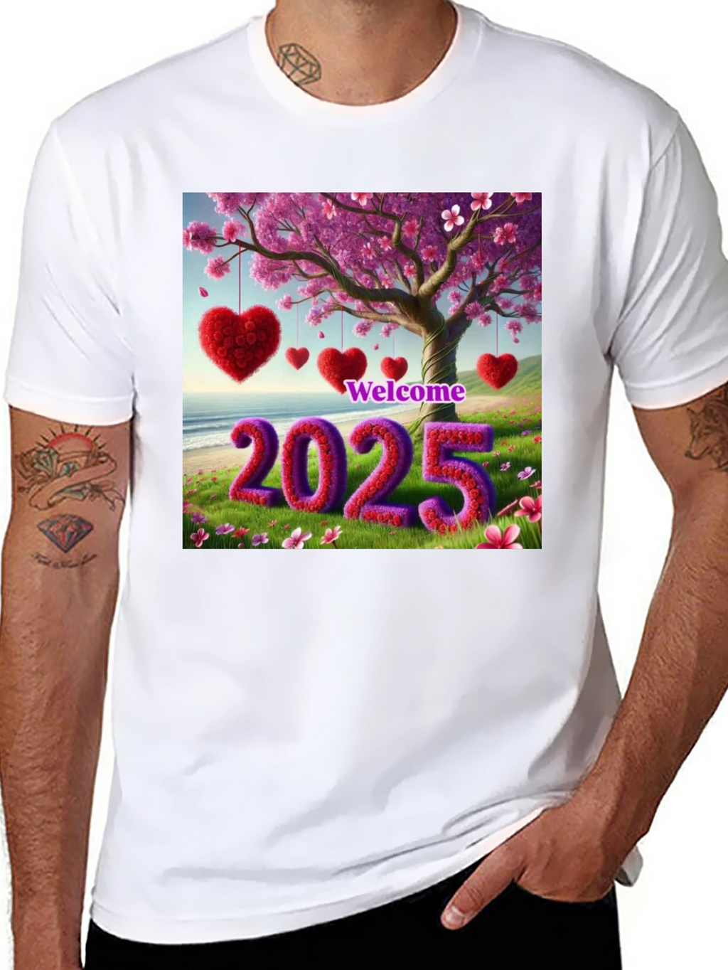 Welcome 2025 T-Shirt Heart & Blossom Design