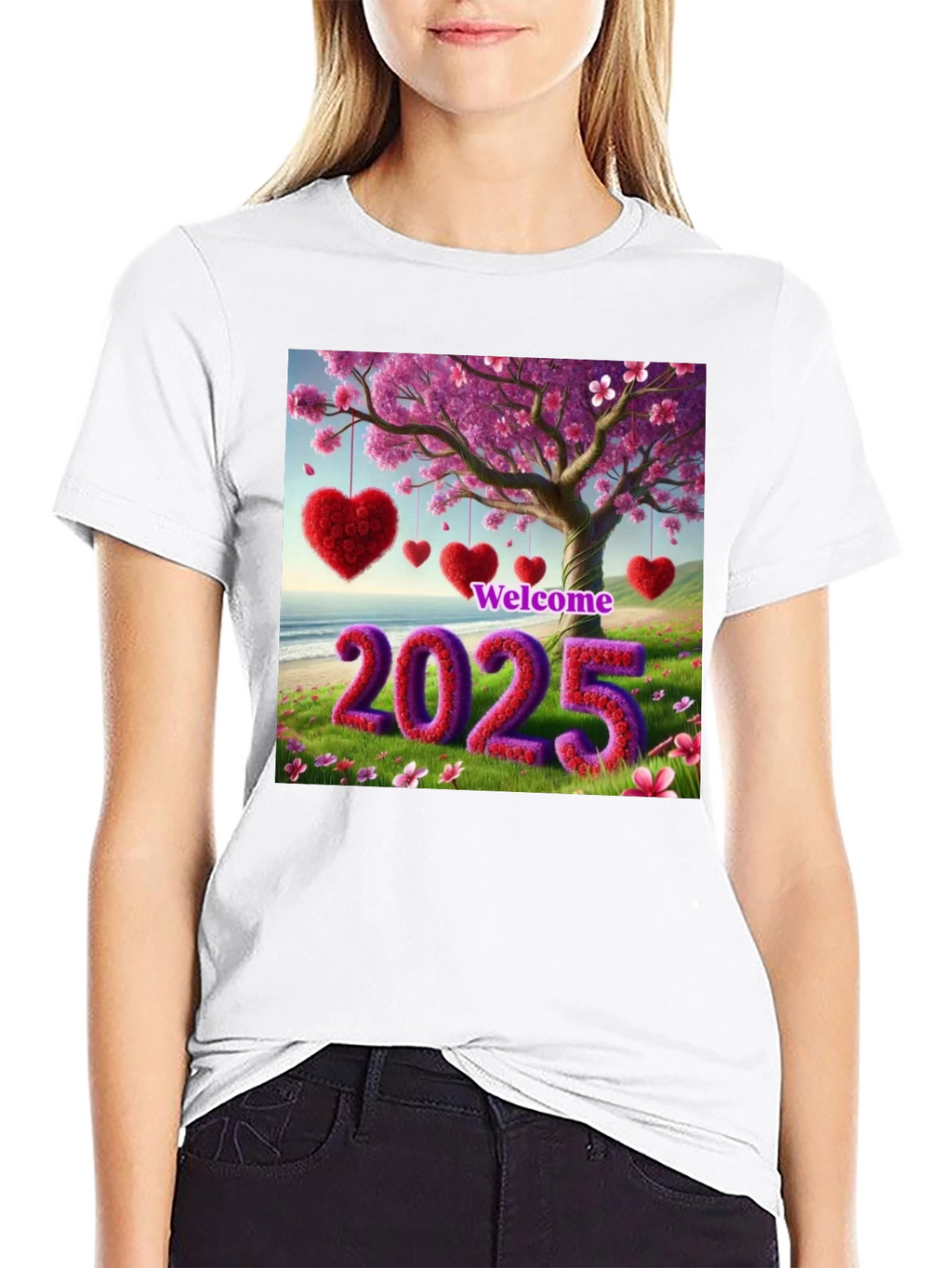 Welcome 2025 T-Shirt Heart & Blossom Design