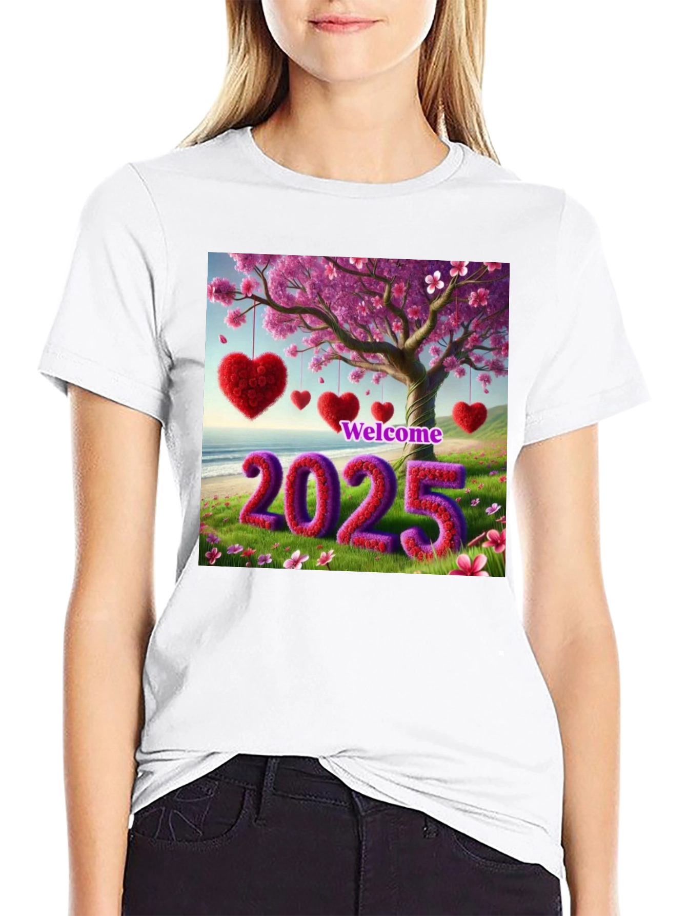 Welcome 2025 T-Shirt Heart & Blossom Design