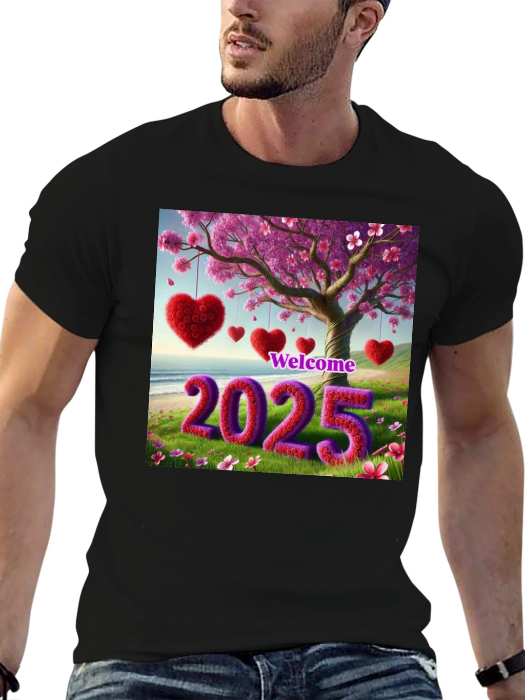Welcome 2025 T-Shirt Heart & Blossom Design