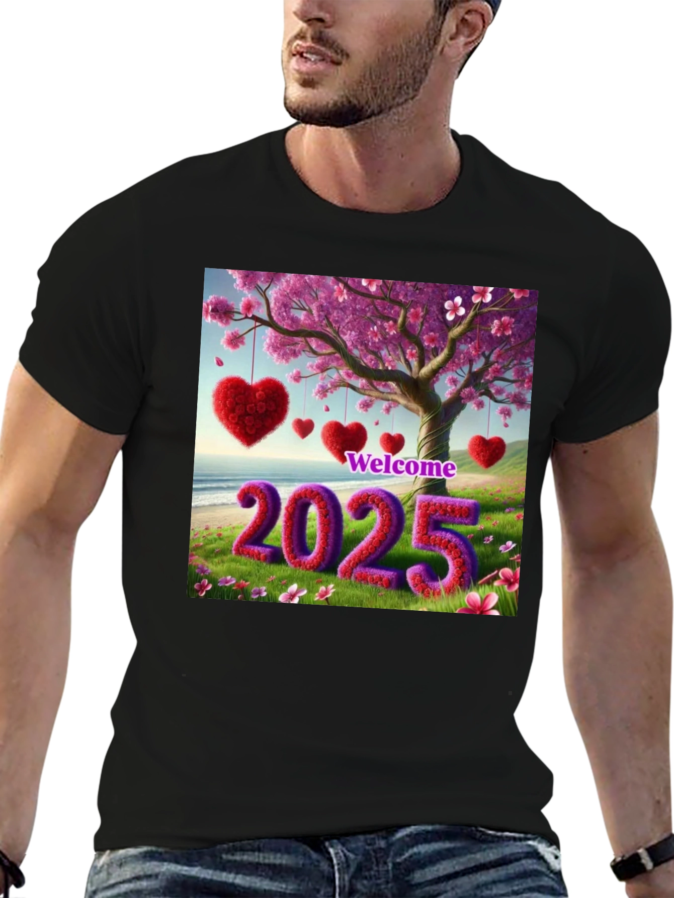Welcome 2025 T-Shirt Heart & Blossom Design