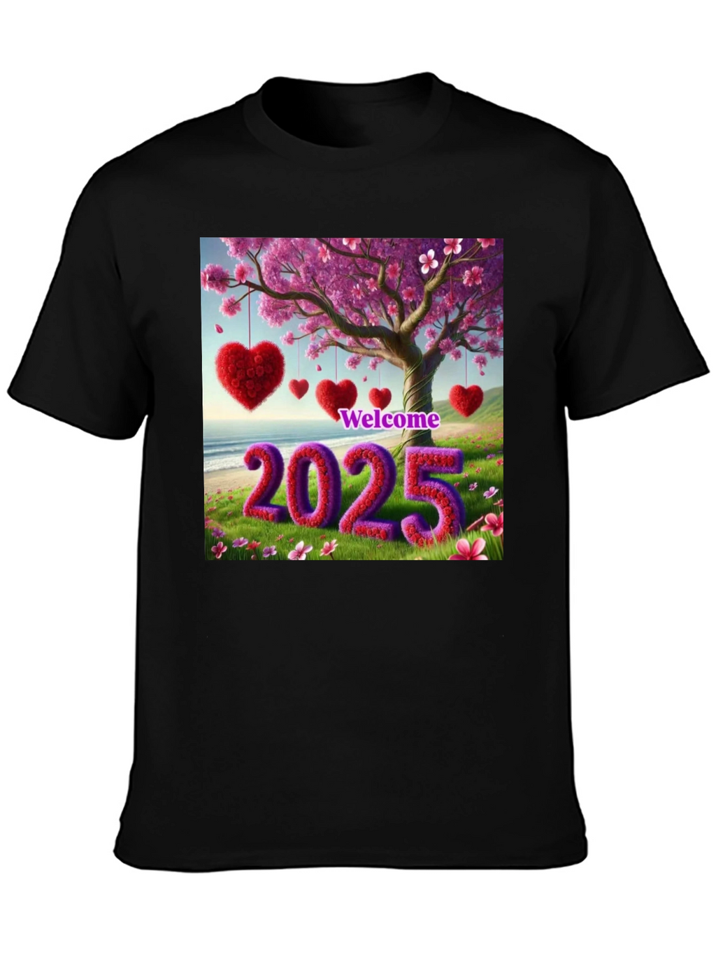 Welcome 2025 T-Shirt Heart & Blossom Design